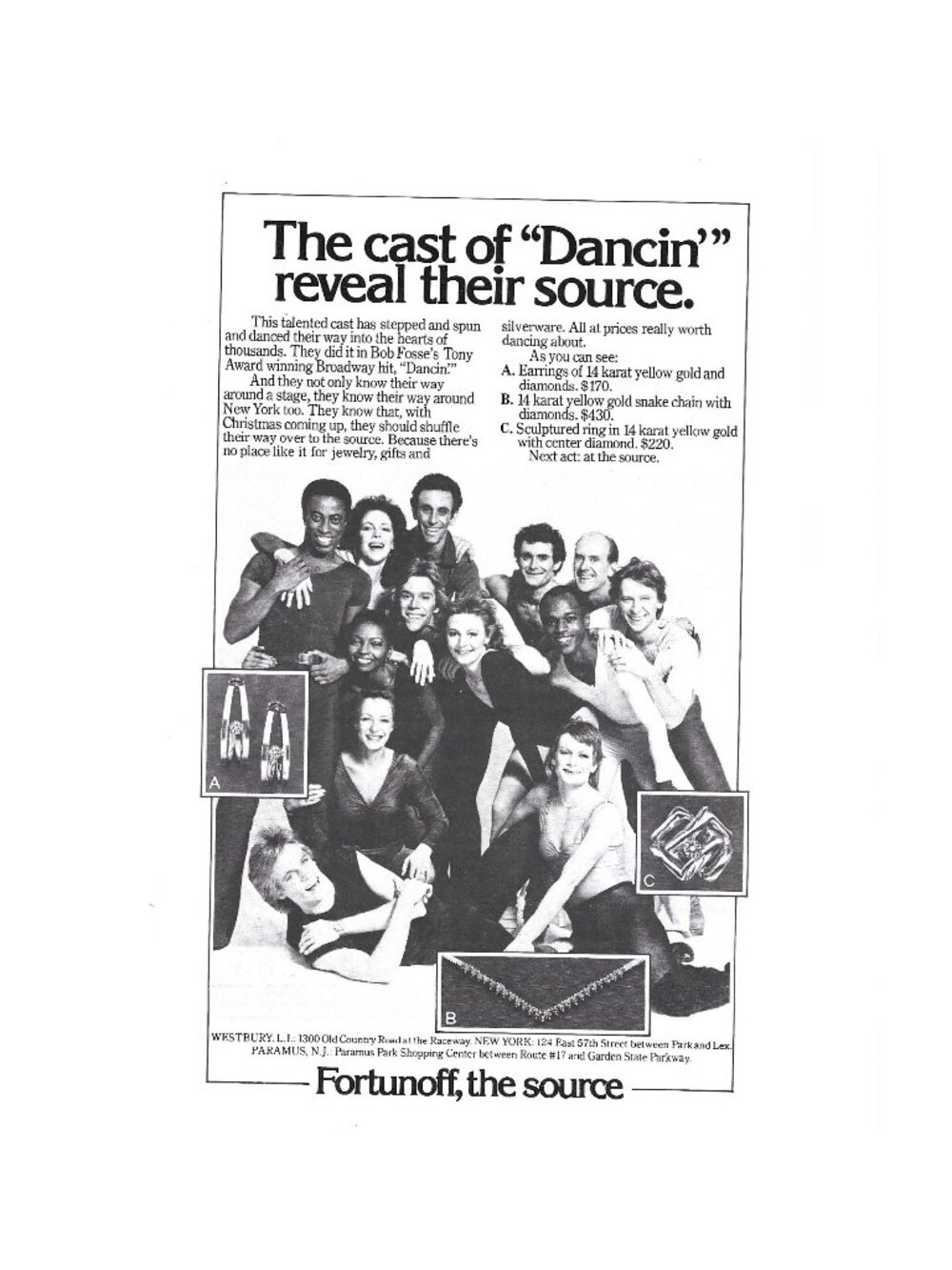 Print Ad Cast Dancin Jewelry Gifts Fortunoff Broadway 1970s Vintage AD Bob Fosse